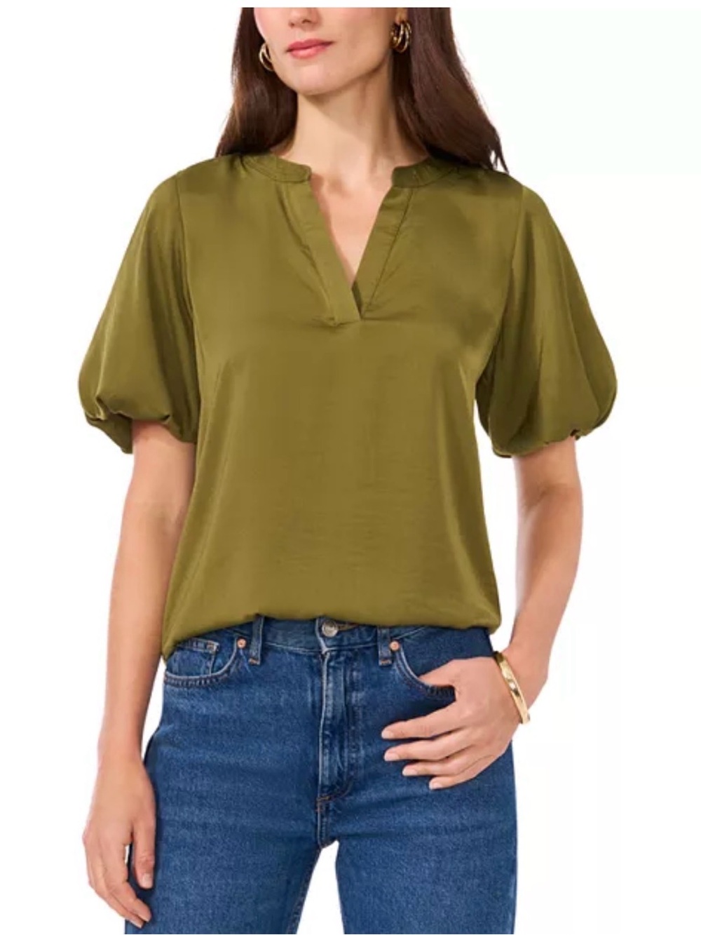 Vince Camuto Women’s Olive Green Quarter Puff Sleeve V-Neck Top